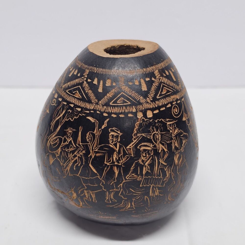 Hand Carved Gourd Vase Decor Tribal Rustic Ethnic Traditional Folk Art Uruguay